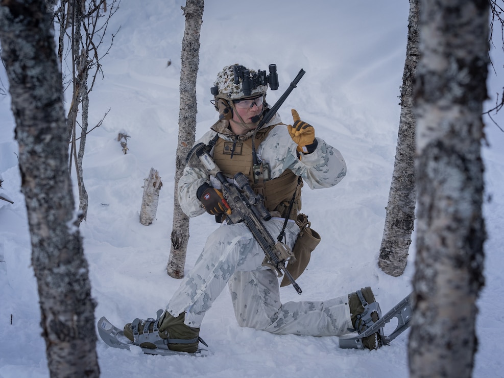 U.S. Marine Corps Staff Sgt. Russell Marchand, a native of Michigan and a platoon Sgt with Alpha Company, 1st Battalion, 2nd Marine Regiment, 2nd Marine Division, commands Marines to push forward during a platoon live-fire maneuver range in preparation for the NATO exercise Nordic Response 24 in Setermoen, Norway, Feb. 23, 2024. Nordic Response is a Norwegian national readiness and defense exercise designed to enhance military capabilities and allied cooperation in high-intensity warfighting in a challenging arctic environment. This exercise will test military activities ranging from the reception of allied and partner reinforcements and command and control interoperability to combined joint operations, maritime prepositioning force logistics, integration with NATO militaries, and reacting against an adversary force during a dynamic training environment. The U.S. stands firm in commitment and readiness to support Norway, allies and partners. (U.S. Marine Corps photo by Cpl. Joshua Kumakaw)