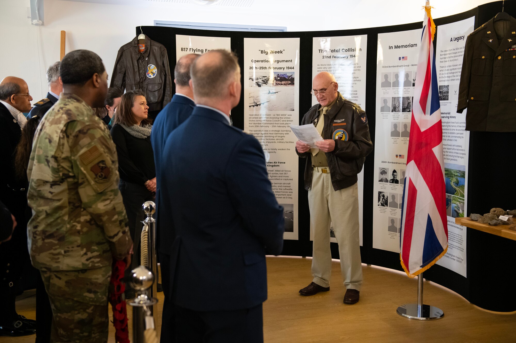 Brian Francis reads a poem during a Ceremony of Remembrance at Stanwick Lakes, England, Feb. 22, 2024. U.S. and U.K. leaders gathered to honor 17 Airmen who died in a midair collision on Feb. 22, 1944, involving B-17 Flying Fortresses from the 303rd Bombardment Group at RAF Molesworth and the 384th Bombardment Group at RAF Grafton Underwood. The Airmen were part of Operation Argument, or "The Big Week," targeting enemy industrial sites and aircraft facilities in Central Europe to secure Allied air superiority for the upcoming landings in France in June 1944. (U.S. Air Force photo by Staff Sgt. Jennifer Zima)