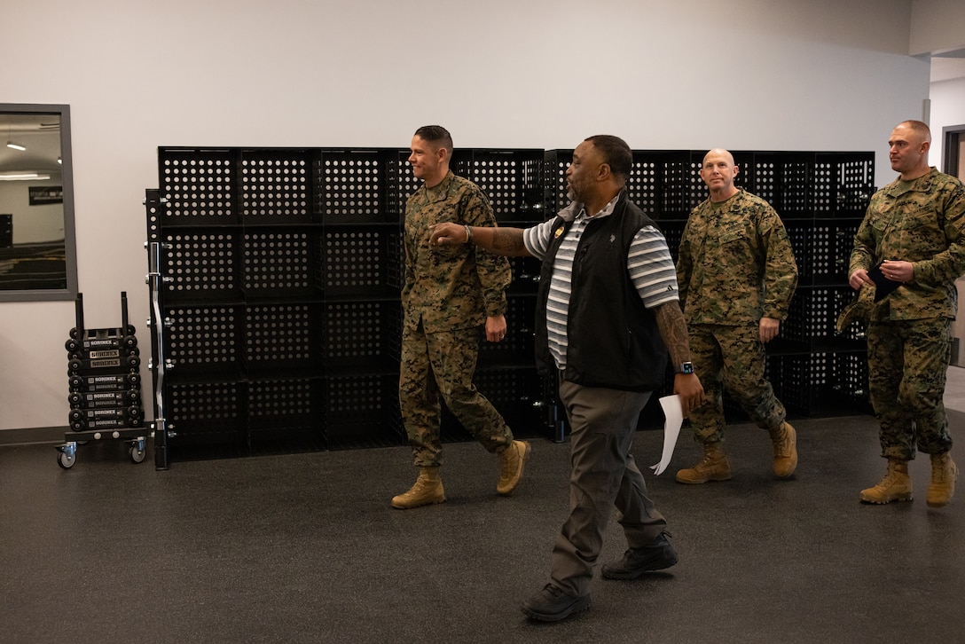 U.S. Marine Corps Sgt. Maj. Carlos A. Ruiz, far left, Sergeant Major of the Marine Corps, tours the future Warrior Athlete Readiness and Resilience Center, currently under construction, on Marine Corps Base Camp Lejeune, North Carolina, Feb. 22, 2024. This facility will house a holistic, collaborative program that will enhance combat readiness in conjunction with warfighter resiliency by strengthening the mental, social, spiritual, and physical fitness necessary to overcome any challenge. (U.S. Marine Corps photo by Lance Cpl. Loriann Dauscher)