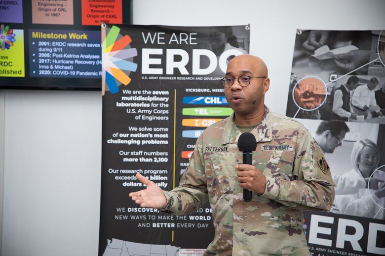 ERDC Commander Col. Christian Patterson speaking about ERDC at the weekly Rotary meeting.