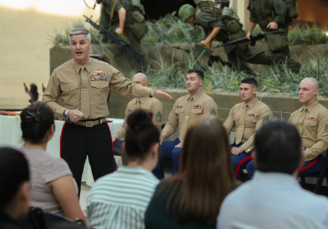 U.S. Marine Corps Gen. Christopher J. Mahoney, Assistant Commandant of the Marine Corps, speaks during the Fiscal Year 2023 Commandant’s Combined Awards Ceremony at the National Museum of the Marine Corps, Triangle, Virginia, Feb. 8, 2024.The ceremony recognized and awarded eight Marines with the Navy and Marine Corps Commendation Medal for their exceptional performance in their respective special duty assignments. (U.S. Marine Corps photo by Lance Cpl. David Brandes)