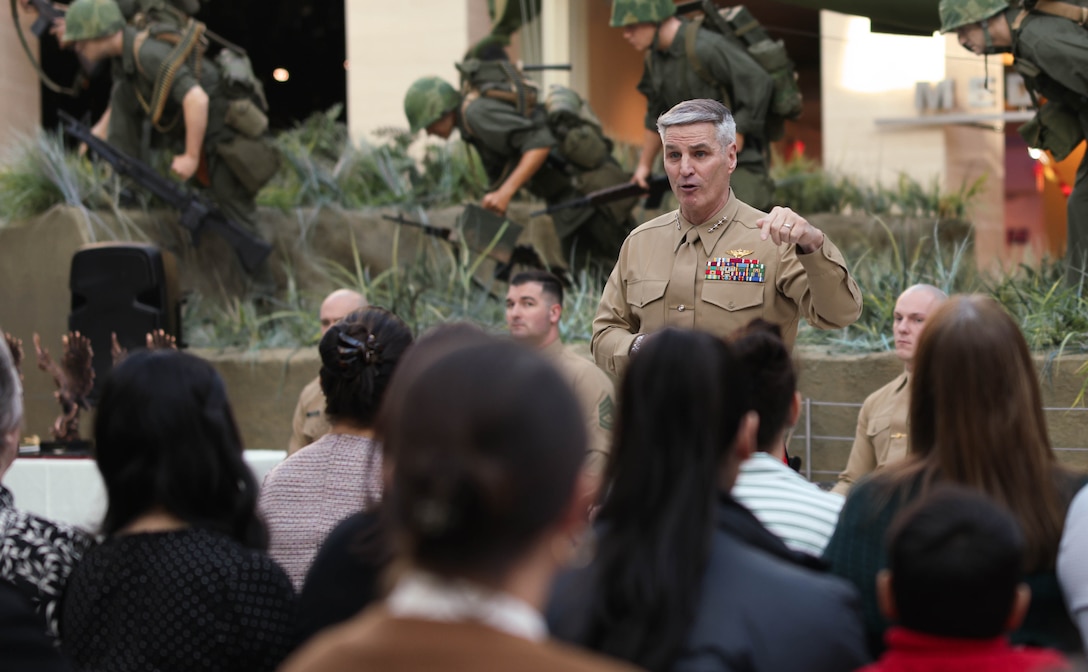 U.S. Marine Corps Gen. Christopher J. Mahoney, Assistant Commandant of the Marine Corps, speaks during the Fiscal Year 2023 Commandant’s Combined Awards Ceremony at the National Museum of the Marine Corps, Triangle, Virginia, Feb. 8, 2024. The ceremony recognized and awarded eight Marines with the Navy and Marine Corps Commendation Medal for their exceptional performance in their respective special duty assignments. (U.S. Marine Corps photo by Lance Cpl. David Brandes)