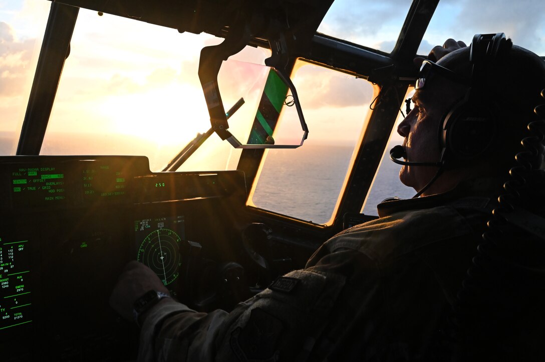 U.S. Air Force Lt. Col. Kendall Dunn, 403rd Wing pilot, flies a C-130J Super Hercules during a Cope North 24 Aeromedical Evacuation exercise at Tinian, Northern Mariana Islands, Feb. 11, 2024. Large-scale, multinational exercises in the Indo-Pacific Region act as a force multiplier in the region, building a more integrated and lethal force together. (U.S. Air Force photo by Staff Sgt. Gerald R. Willis)