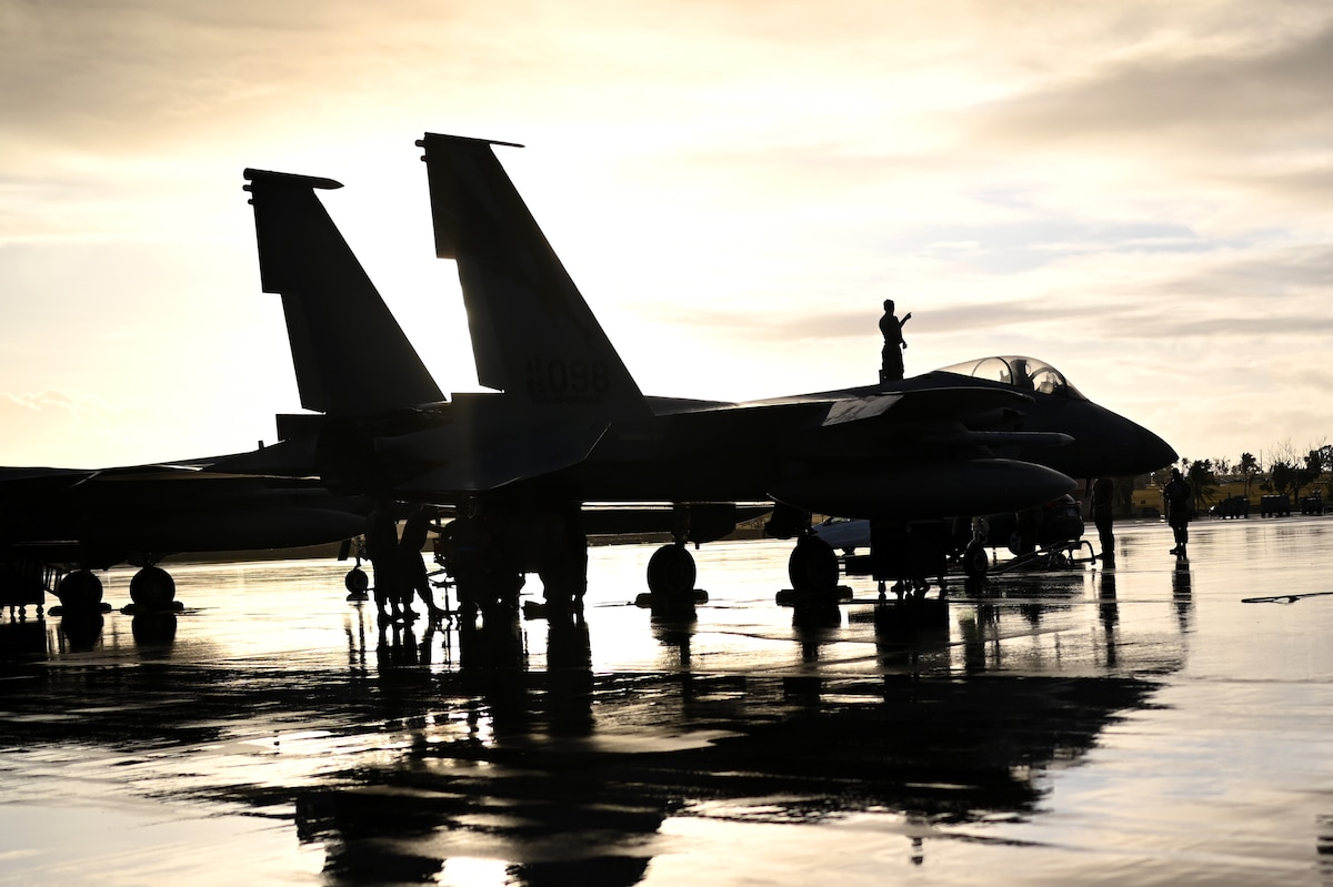 A U.S. Air Force F-15C assigned to the 18th Wing, Japan, sits on the flightline during Cope North 24 at Andersen Air Force Base, Guam, on Feb. 15, 2024. Large-scale, multinational exercises in the Indo-Pacific Region act as a force multiplier in the region, building a more integrated and lethal force together. (U.S. Air Force photo by Staff Sgt. Gerald R. Willis)