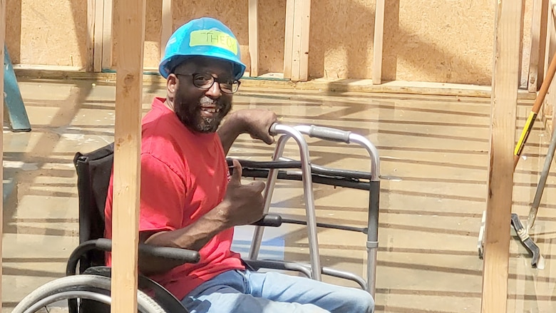 Theo Caldwell, mail clerk in the U.S. Army Corps of Engineers Nashville District, is seen here May 14, 2023, during construction of his Habitat for Humanity home in Nashville, Tennessee. He is a mail clerk in the U.S. Army Corps of Engineers Nashville District. (USACE Photo)