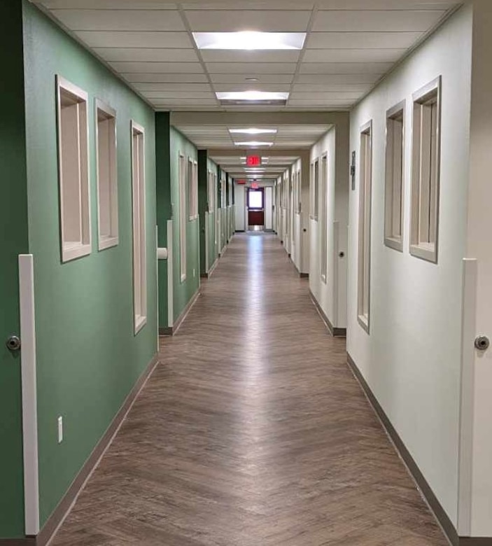 Frequently dispersed windows are an important physical feature of the facility's safety-oriented construction. These design features will enable employees to keep track of children at all times. (Photo by Katy Doetsch, USACE - Alaska District)