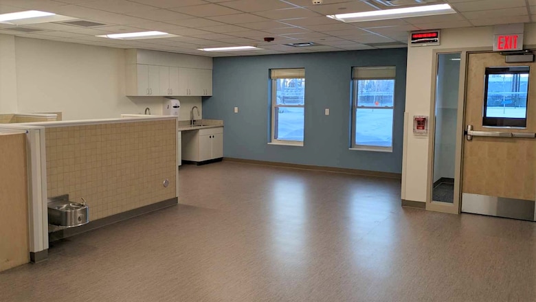 Arctic entries, constituted by a heated room that separates the building's entrances from the harsh winter outside, are another important component of the child development center's modern and comfortable design. (Photo by Katy Doetsch, USACE - Alaska District)