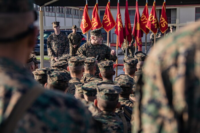 U.S. Marine Corps 1st Sgt. Fernando Fuentes, the company first sergeant of Delta Company, 1st Recruit Training Battalion, Recruit Training Regiment, gives a motivational speech to the new Marines after receiving their Eagle, Globe, and Anchor at Marine Corps Base Camp Pendleton, California, Feb. 21, 2024. The Eagle, Globe, and Anchor ceremony is the final event of the Crucible and represents the transformation of recruit to Marine. (U.S. Marine Corps photo by Sgt. Jesse K. Carter-Powell)