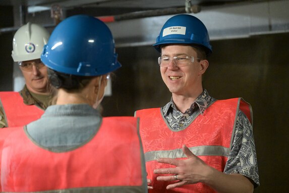 Mr. Tim Nelson, Chief of Staff for U.S. Rep. Ed Case, discusses engineering features of the Red Hill Bulk Fuel Storage Facility (RHBFSF) during a tour of the RHBFSF Feb. 22, 2024, at Halawa, Hawaii.