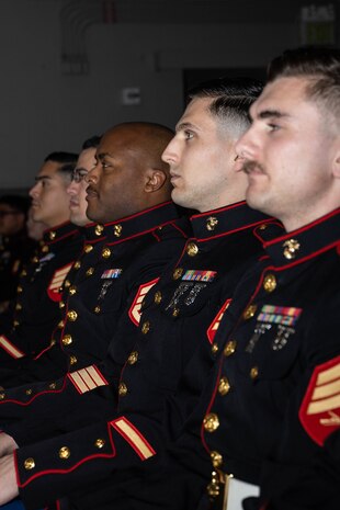 U.S. Marines with Marine Corps Recruiting Command wait to graduate from Basic Recruiter’s Course 2-24 at Marine Corps Recruit Depot San Diego, California, Feb. 21, 2024. The mission of the BRC is to provide staff noncommissioned officers and noncommissioned officers the basic skills and knowledge in order to successfully inform young men and women about the opportunities and career paths the Marine Corps has to offer. (U.S. Marine Corps photo by Lance Cpl. Janell B. Alvarez)