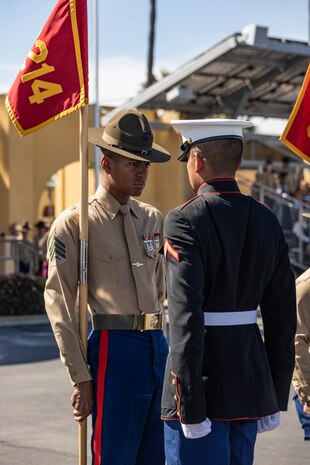 U.S. Marine Corps Sgt. Brandon Simon, a drill instructor with India Company, 3rd Recruit Training Battalion, retires the guidon during a graduation ceremony at Marine Corps Recruit Depot San Diego, California, Feb. 23, 2024. Graduation takes place at the end of the 13-week transformation, which included training for drill, marksmanship, basic combat skills, and Marine Corps customs and traditions. (U.S. Marine Corps photo by Lance Cpl. Janell B. Alvarez)