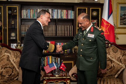 Nepal’s Chief of Army Staff Prabhu Ram Sharma (right) meets with Commander of U.S. Indo-Pacific Command Adm. John C. Aquilino during a visit to Kathmandu, Nepal on Feb. 26, 2024. The U.S. and Nepal have a long-standing relationship and routinely participate in combined peacekeeping and disaster preparedness exercises together, demonstrating the continued growth of the over 75-year relationship built on dedication, mutual respect and trust toward the Nepalese people. (U.S. Navy photo by Chief Mass Communication Specialist Shannon M. Smith)