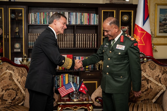 Nepal’s Chief of Army Staff Prabhu Ram Sharma (right) meets with Commander of U.S. Indo-Pacific Command Adm. John C. Aquilino during a visit to Kathmandu, Nepal on Feb. 26, 2024. The U.S. and Nepal have a long-standing relationship and routinely participate in combined peacekeeping and disaster preparedness exercises together, demonstrating the continued growth of the over 75-year relationship built on dedication, mutual respect and trust toward the Nepalese people. (U.S. Navy photo by Chief Mass Communication Specialist Shannon M. Smith)