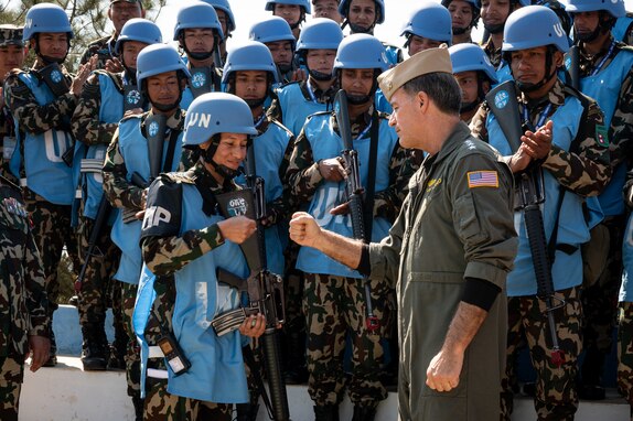 Adm. John C. Aquilino, Commander of U.S. Indo-Pacific Command, greets members of the Nepali Army during a field training demonstration at the Multinational Peacekeeping Exercise Shanti Prayas IV at the Birendra Peace Operations Training Centre on Feb. 25, 2024. Co-hosted by the Nepali Army and USINDOPACOM, the annual exercise series trains units to deploy in support of U.N. peacekeeping missions across the globe, and this iteration hosted representatives from 19 countries. (U.S. Navy photo by Chief Mass Communication Specialist Shannon M. Smith)