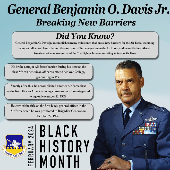 A 51st Fighter Wing photo illustration depicting U.S. Air Force Gen. Benjamin O. Davis Jr.’s accomplishments in recognition of Black History Month, created at Osan Air Base, Republic of Korea, Feb. 20, 2024. Diversity is a critical component in the success of the 51st FW. The unique strengths and perspectives contributed by Airmen are indispensable for upholding the "Fight Tonight" mission. (U.S. Air Force photo illustration by Airman 1st Class Chase Verzaal)
