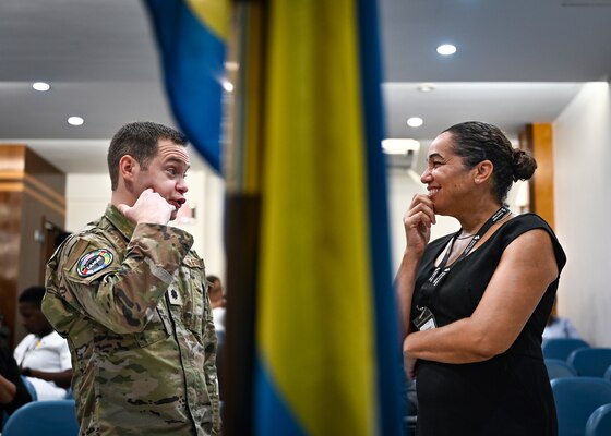 Partner nation medical personnel and U.S. Air Force team members of the St. Lucia Lesser Antilles Medical Assistance Team gather for a group photo during an opening ceremony at Owen King European Union Hospital, Castries, St. Lucia, Feb. 26, 2024.