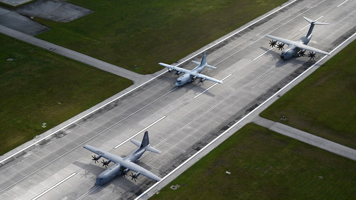 Mobility Air Force aircraft from the U.S. Air Force, Japan Air Self-Defense Force and French Air and Space Force participate in an Elephant Walk during Cope North 24 at Andersen Air Force Base, Guam, on Feb. 5, 2024. Large-scale, multinational exercises in the Indo-Pacific Region act as a force multiplier in the region, building a more integrated and lethal force together. (U.S. Air Force photo by Staff Sgt. Gerald R. Willis)