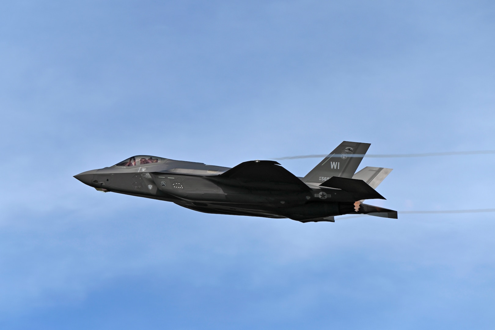 An F-35A Lightning II aircraft with the Wisconsin Air National Guard's 115th Fighter Wing takes off during a Weapon System Evaluation Program exercise February 13, 2024, at Tyndall Air force Base, Florida.