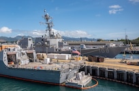 USS Wayne E. Meyer (DDG 108) is moored at Pearl Harbor Naval Shipyard.