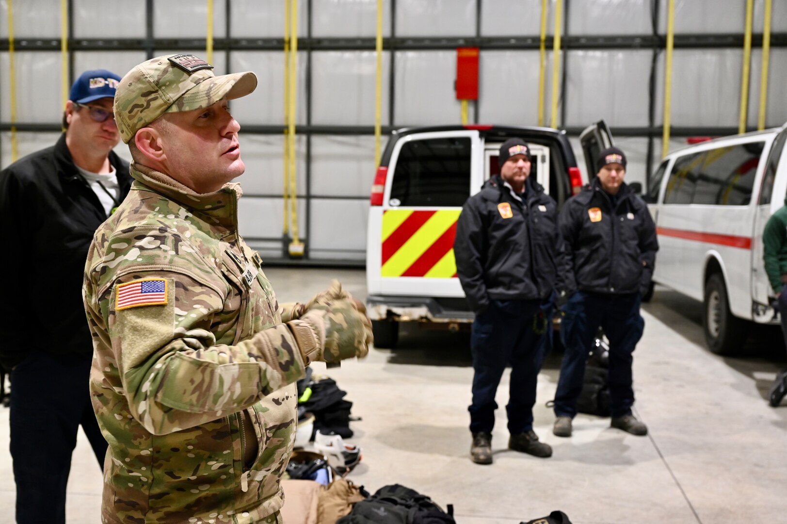 Maryland Task Force 1 (MD-TF1) and Virginia Task Force 1 (VA-TF1) of the Federal Emergency Management Agency (FMEA) train during an Urban Search and Rescue Task Force exercise, at Montgomery County Airpark and Public Safety Training Academy (PSTA), Feb. 15, 2024. The training represents a new partnership for members of the D.C. National Guard’s Aviation Detachment, nicknamed District Dustoff, designed to improve interoperability and familiarity between partners involved in disaster response in the DMV.