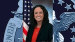 A woman standing in front of the American flag.