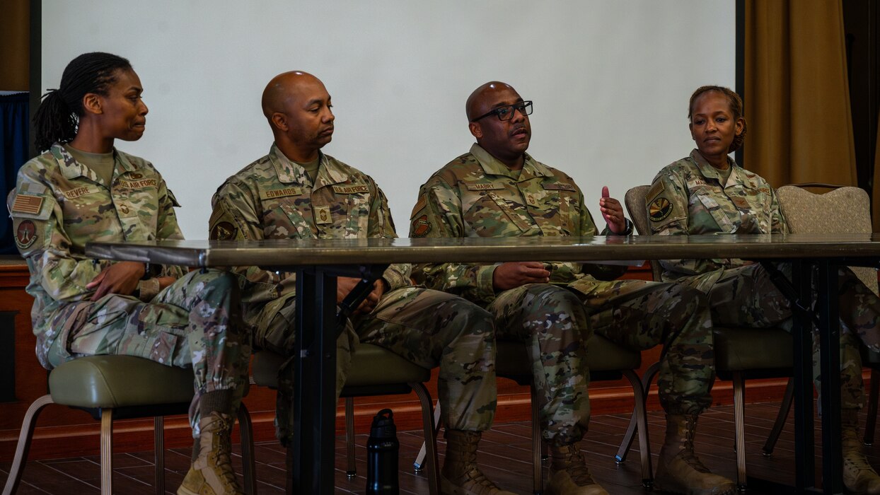 U.S. Air Force Chief Master Sgt. Antwan Mabry, 56th Maintenance Group maintenance group staff senior enlisted leader, speaks as part of a panel during the Black History Month event, Feb. 23, 2024, at Luke Air Force Base, Arizona.