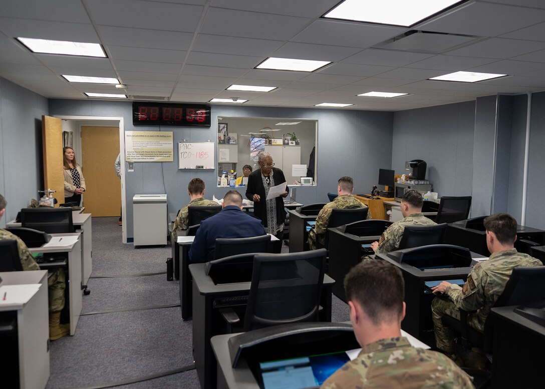 Nancy Floyd, 316th Force Support Squadron test control officer, gives an initial Electronic Weighted Airman Promotion System test briefing at Joint Base Andrews, Md., Feb. 20, 2024.