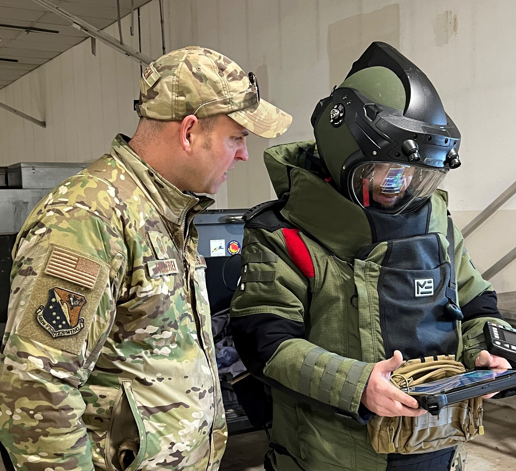 Senior Master Sgt. Mark Hilleren provides technical expertise during a counter Improvised Explosive Device interoperability exercise held at the 148th Fighter Wing with community partners from the Crow Wing County Sherriff’s Office, Bloomington Police Department and the Department of Justice Bureau of Alcohol, Tobacco, Firearms and Explosives on Nov. 22, 2023