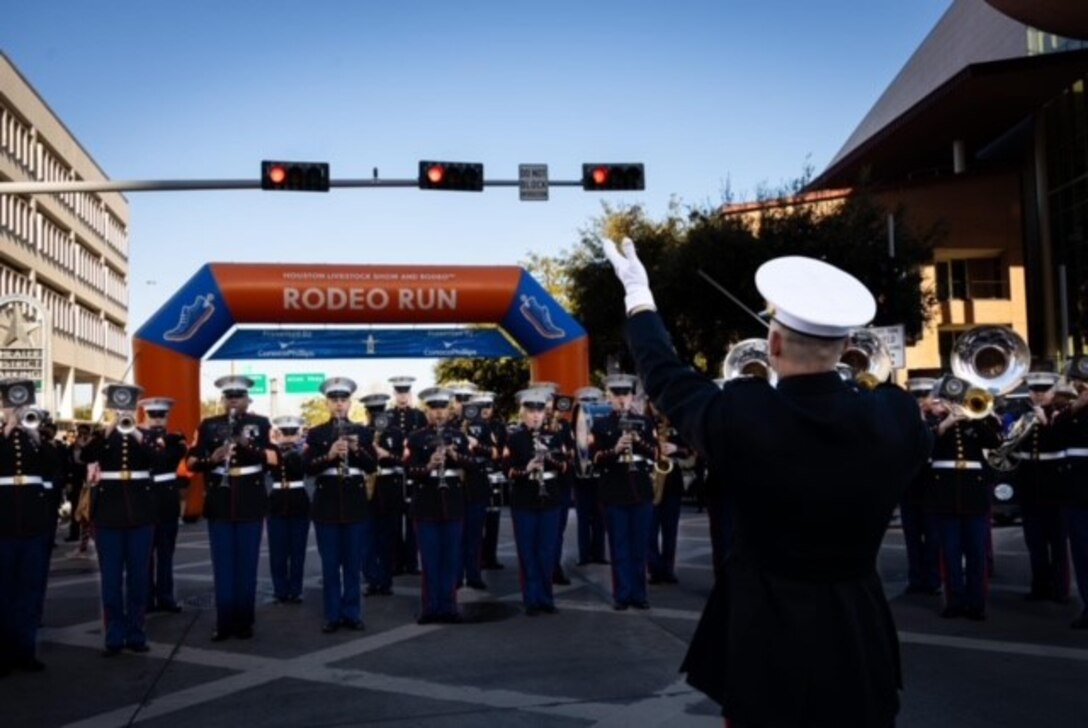 On Feb. 24, the Marine Forces Reserve Ceremonial Band performed at the Houston Livestock Show and Rodeo Downtown Parade.
