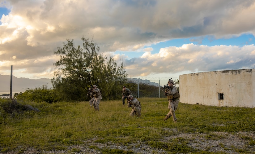 Marines carrying weapons walk through a field.