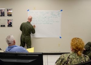 U.S. Reserve and Active Duty Sailors, Airmen and Marines discuss strategies and terminology that sailors use when conducting flight operations during the Joint Air Operations Workshop at Shaw Air Force Base, Feb. 2, 2024. The workshop provided Air Force and Navy Reservists assigned to Naval and Amphibious Liaison Element Headquarters unit and 710th Combat Operations Squadron Detachment 1 with a better understanding for exercise planning in support future exercises and potential real world scenarios with U.S. Navy and Air Force cooperation. (U.S. Air Force courtesy photo)
