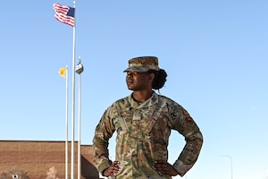 Caption: U.S. Air Force Airman 1st Class Nika Calliste, 49th Contracting Squadron contracting specialist, poses for a photo at Holloman Air Force Base, New Mexico, Feb. 22, 2024. Calliste was raised in the island nation of Grenada, she emigrated to the United States on Nov. 18, 2011, then she would eventually join the U.S. Air Force on Jan. 3, 2023. (U.S. Air Force photo by Airman 1st Class Isaiah Pedrazzini)