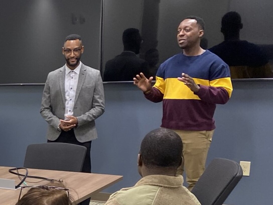 James O. Parker IV, the new Virginia Army National Guard director of psychological health, is introduced to members of the VAARNG community by Jonathan Goldwire, the previous DPH, Feb. 15, 2024, in Richmond, Virginia.