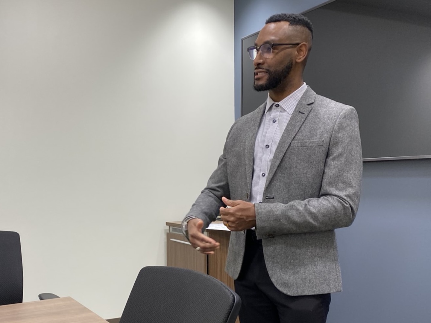 James O. Parker IV, the new Virginia Army National Guard director of psychological health, is introduced to members of the VAARNG community by Jonathan Goldwire, the previous DPH, Feb. 15, 2024, in Richmond, Virginia.