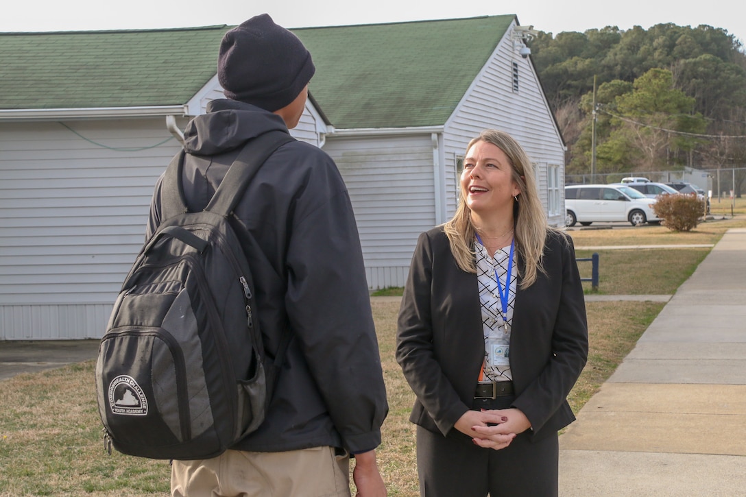 Jennifer D. Lanz, the new director of the Commonwealth Challenge Youth Academy, meets with cadets following morning formation Feb. 15, 2024, at the State Military Reservation in Virginia Beach, Virginia. L