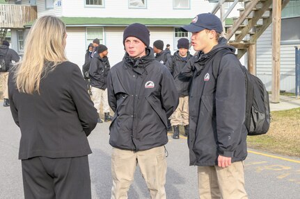 Jennifer D. Lanz, the new director of the Commonwealth Challenge Youth Academy, meets with cadets following morning formation Feb. 15, 2024, at the State Military Reservation in Virginia Beach, Virginia. L