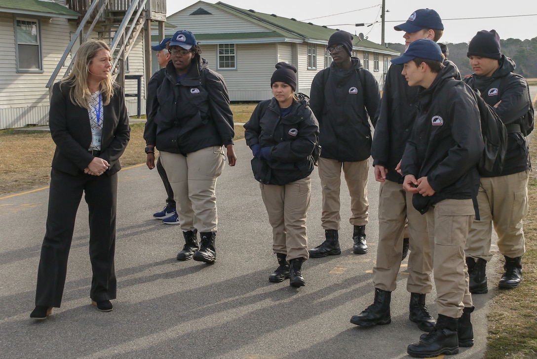 Jennifer D. Lanz, the new director of the Commonwealth Challenge Youth Academy, meets with cadets following morning formation Feb. 15, 2024, at the State Military Reservation in Virginia Beach, Virginia. L