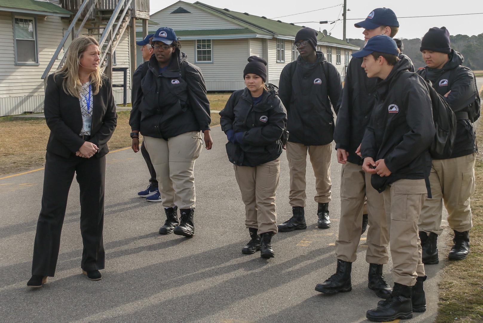 Jennifer D. Lanz, the new director of the Commonwealth Challenge Youth Academy, meets with cadets following morning formation Feb. 15, 2024, at the State Military Reservation in Virginia Beach, Virginia. L