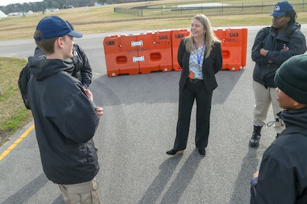 Jennifer D. Lanz, the new director of the Commonwealth Challenge Youth Academy, meets with cadets following morning formation Feb. 15, 2024, at the State Military Reservation in Virginia Beach, Virginia. L