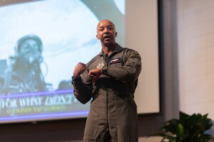 Col. Randel Gordon, Arnold Engineering Development Complex commander, speaks about the life and career of U.S. Air Force Capt. Ed Dwight Jr. at the 29th annual Black History Month Celebration, Feb. 14 in the University of Tennessee Space Institute Auditorium. (U.S. Air Force Photo by Keith Thornburgh)