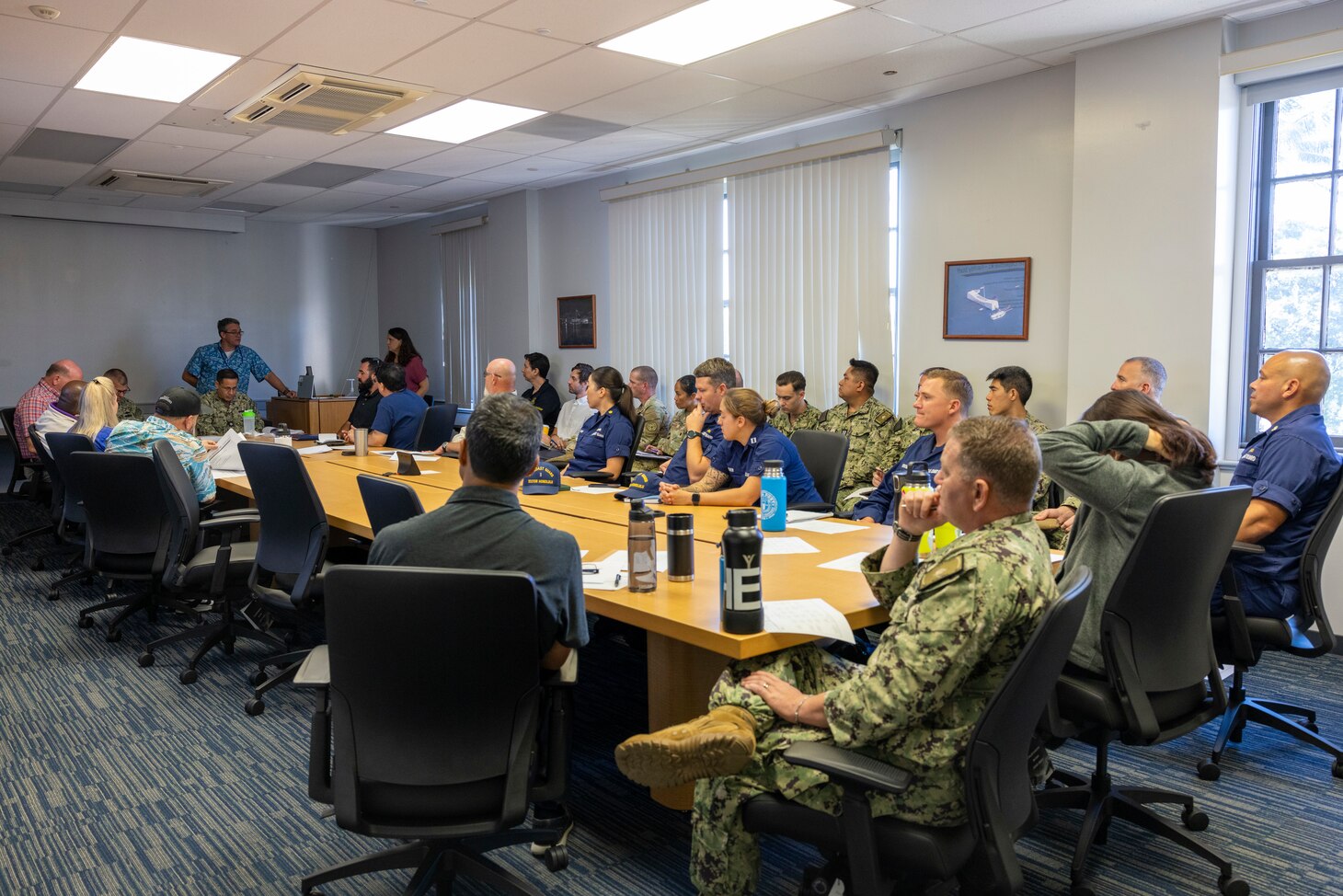 Experts from various organizations, the Environmental Protection Agency and Hawaii Department of Health, participate in a Spill Drill Tabletop Exercise at Joint Base Pearl Harbor-Hickam, Feb. 22. The exercise, run by Navy Closure Task Force - Red Hill (NCTF-RH), rehearsed roles and responsibilities of various stakeholders in the event of a potential spill at the Red Hill Bulk Fuel Storage Facility (RHBFSF) and is a key milestone in the transition of efforts from Joint Task Force-Red Hill. Charged with the safe decommissioning of the RHBFSF, NCTF-RH was established by the Department of the Navy as a commitment to the community and the environment. The Navy continues to engage with the people of Hawaii, regulatory agencies, and other stakeholders as NCTF-RH works to safely and deliberately decommission the RHBFSF. (U.S. Navy photo by Mass Communications Specialist Seaman Krystal Diaz)