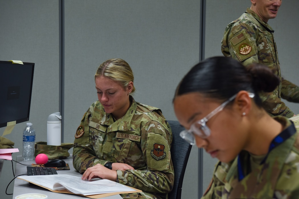 Students from the 315th Training Squadron engage in Operation LONE STAR, a new capstone training exercise, at Goodfellow Air Force Base, Texas, Jan. 25, 2024. Intelligence students will be introduced to new tools, new tactics, and competency-based learning in a modernized scenario. (U.S. Air Force photo by Staff Sgt. Call)