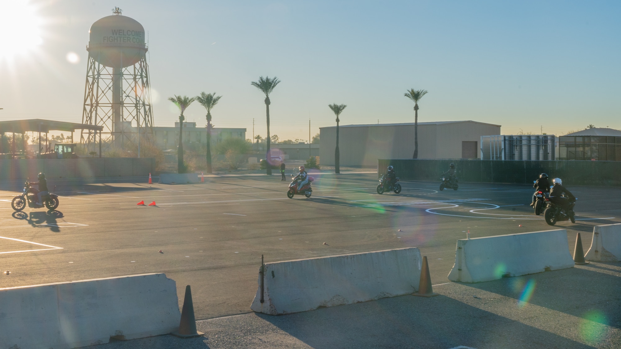 Luke Air Force Base motorcycle course students ride on a newly reconstructed training range during a motorcycle safety course hosted by 56th Fighter Wing Occupational Safety team, Feb. 16, 2024, at Luke Air Force Base, Arizona.