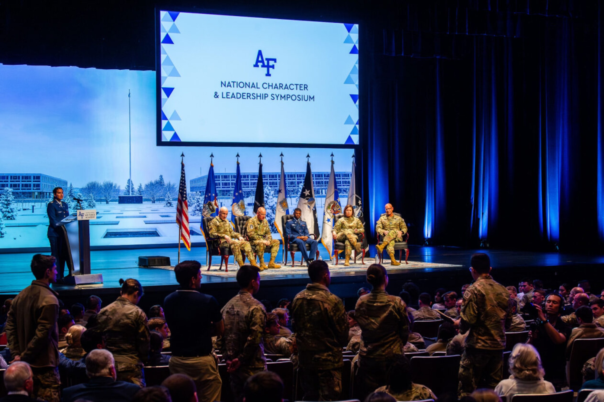 U.S. Air Force and Space Force senior leaders speak to a packed house