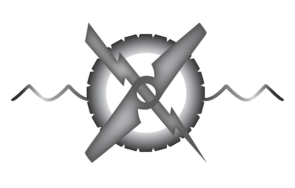 rating symbol for the Navy Robotics Warfare Specialist (RW) rating comprises an airplane propeller and lightning bolt crossed over a treaded wheel, all layered over a single wave.