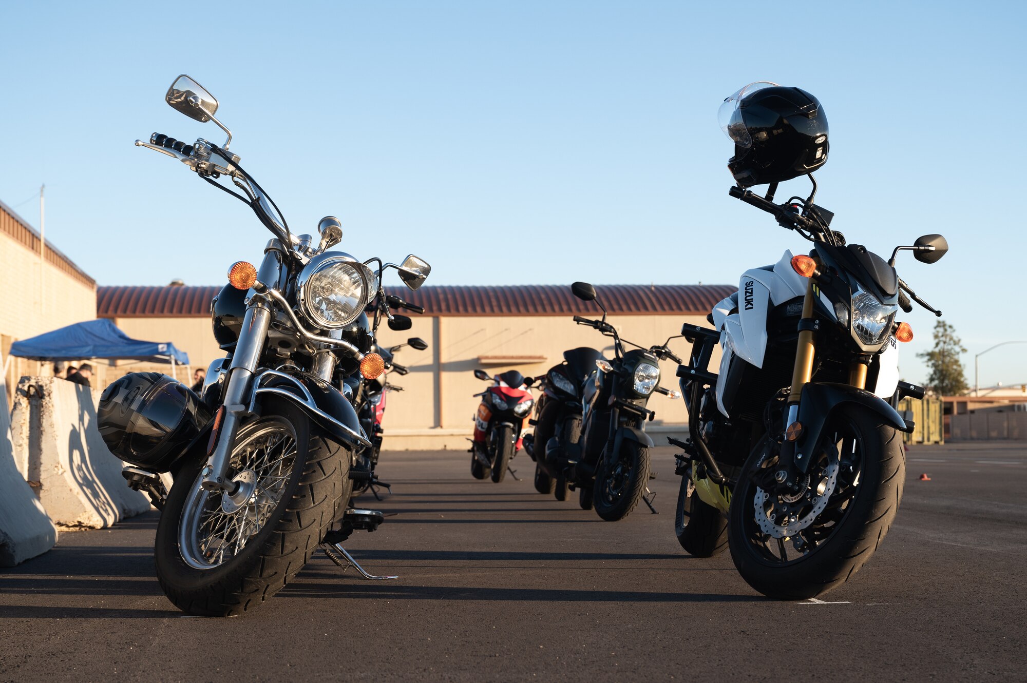 Motorcycles sit on a newly reconstructed training range during a motorcycle safety course hosted by the 56th Fighter Wing Occupational Safety team, Feb. 16, 2024, at Luke Air Force Base, Arizona.