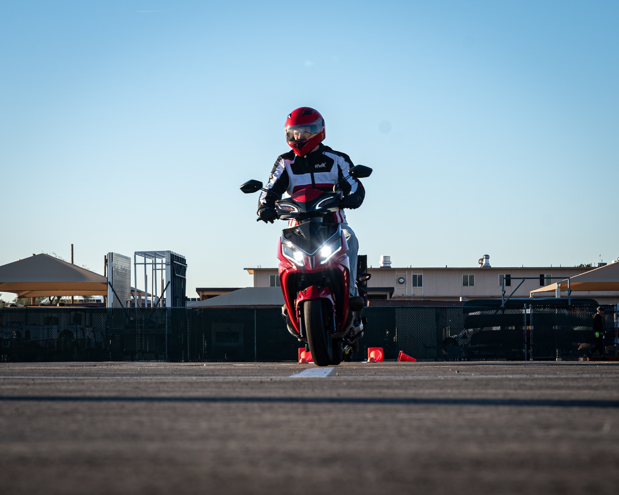 A Luke Air Force Base motorcycle course student rides on a newly reconstructed training range during a motorcycle safety course hosted by 56th Fighter Wing Occupational Safety, Feb. 16, 2024, at Luke Air Force Base, Arizona.