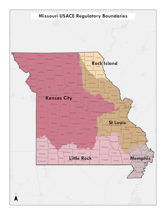 A map of USACE districts with regulatory jurisdiction in Missouri.