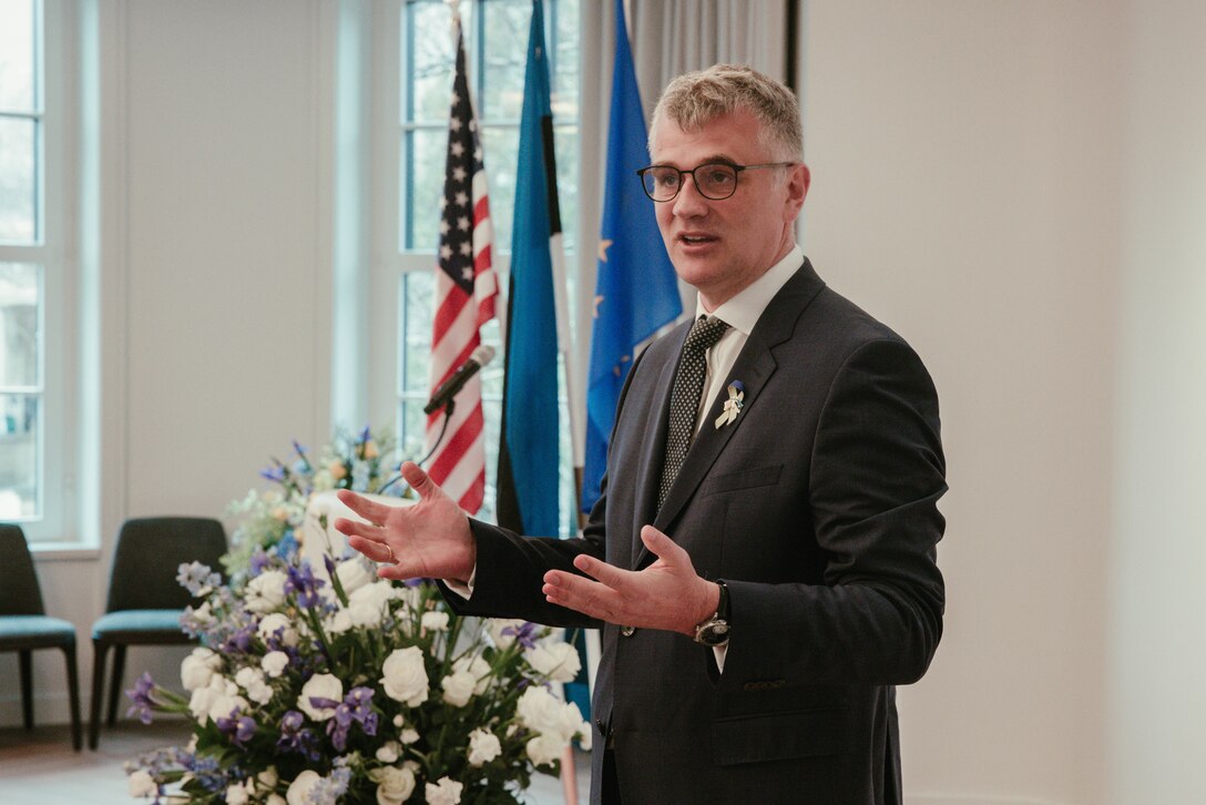 Mr. Kristian Prikk, the Estonian Ambassador to the United States, gives a speech during an award ceremony in Washington D.C., Feb. 23, 2024.The Marines were awarded with the Estonian Rescue Board Lifesaving Medal from the Estonian Ambassador to the United States for heroic actions by rendering medical assistance to an injured Estonian civilian. (U.S. Marine Corps photo by Cpl. Max Arellano)