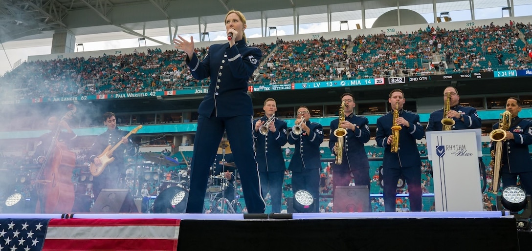 Rhythm in Blue jazz ensemble performs on stage at at Miami Dolphins halftime show